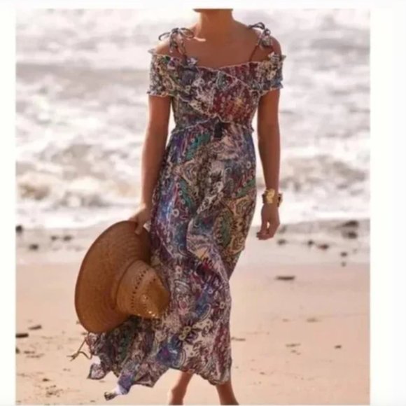 Anthropologie Dresses & Skirts - NWT Anthropologie | Blue Tan Smocked Gauze Criss-Cross Paisley Print Maxi Dress